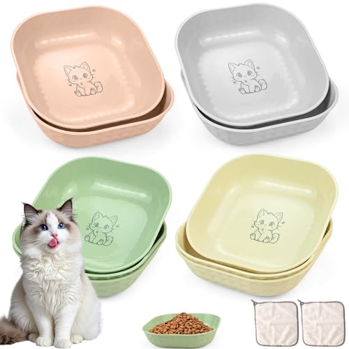 10 Stück Katzennapf, Katzenschüssel mit 2 Geschirrtuch, Katzennapf Flach, Quadrat Katzennäpfe, Fressnapf Katze Futternapf, Bunt Katzenfutter...