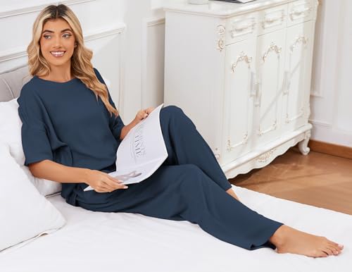 Image of JiniGolla Womens Pajama Sets Waffle Knit Short Sleeve Shirt with Long Pajama Pants Soft Sleepwear Pj Lounge Sets