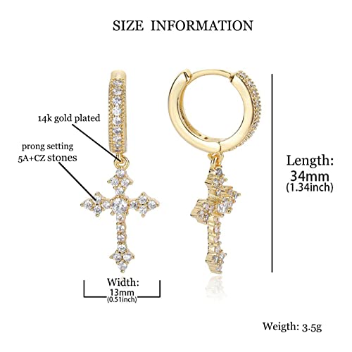 Gold Cross Earrings for Women 14K Gold Plated Drop Dangle Cross Hoop Earrings Trendy Huggie Hoops Dangling Diamond Earrings for Men3