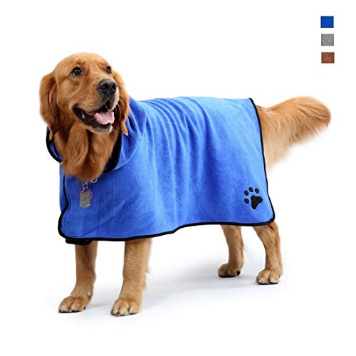 Aoweika Dog Bathrobe Towel with Adjustable Strap, Microfibre Fast Drying Super Absorbent Dog Drying Coat, Moisture Absorbing Dog Bath Robe, Quick Drying Pet Bath Towel(Blue L)