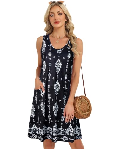 Image of elescat Womens Summer Dresses Casual V Neck Sleeveless Pockets Beach Loose Tank Sundress 2026