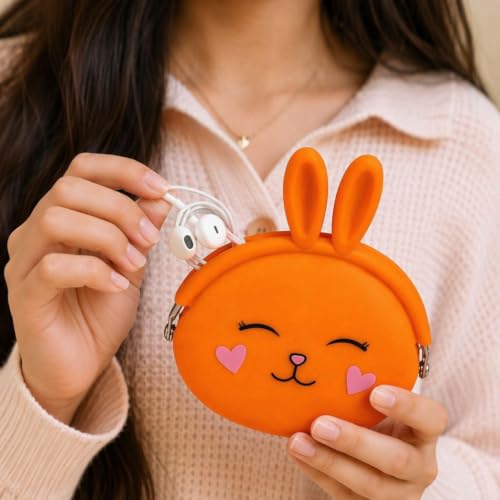 Image of FunBlast Cute Bunny Shape Silicone Coin Purse for Kids & Adults - Mini Pouch for Coins, Earphones, Keys & Small Essentials, Aesthetic Pouches for Girls & Women - 12 X 9.5 X 3 Cm (Bunny-Orange)