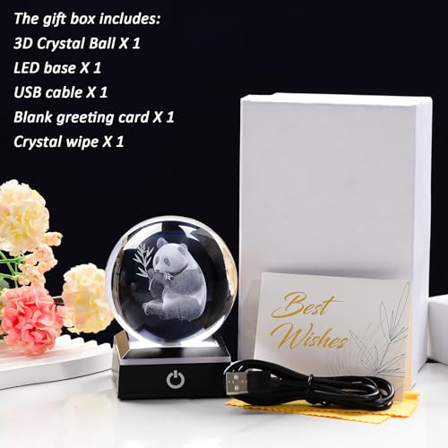 Image of 3D Panda Crystal Ball with Color-Changing LED Base - Laser Engraved Panda Gift for Women Men Kids, Decorative Night Light Paperweight for Desk /Bedroom - 3.15inch