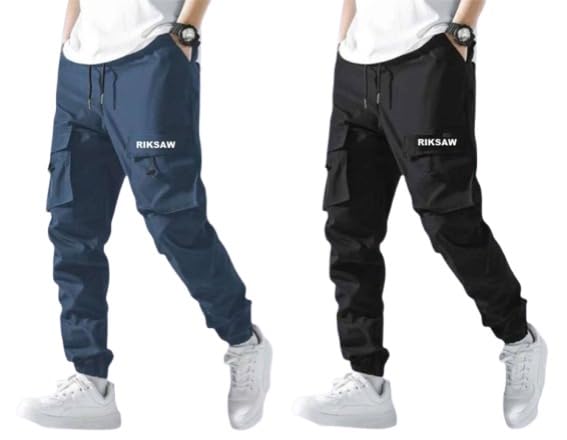 riksaw Men's Cargo Polyester Pants for Men || Regular Fit Mid Rise Cargo Joggers Solid Pants (Pack of 2) (CG_01 Combo)-picture-18