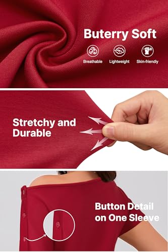 Newshows Off the Shoulder Tops for Women Wrinkle-Free Button Short Sleeve Casual Summer T Shirts(Red,L) — view 2