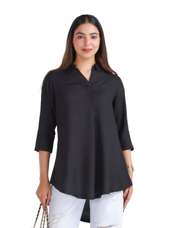 Image of Mlada Rayon Flare Top for Women | 3 /4th Sleeve Regular Fit and Flare Top | Women Office Tops Tunic | Western Long Shirt Top for Women | Shirt Collar Top for Women | Rayon Tunic Tops for Women Western