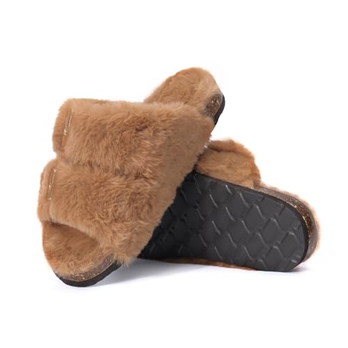 Rainlin Women's Fuzzy Slippers Comfy Cork Footbed Fluffy Slides Open Toe Indoor Outdoor House Shoes with Arch Support4
