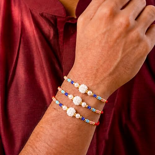 Image of Peora CZ Pearl & Crystals Studded Thread Rakhi for Brother Bhaiya | Combo Set of 3 | Raksha Bandhan Hamper with Roli Chawal & Greeting Card
