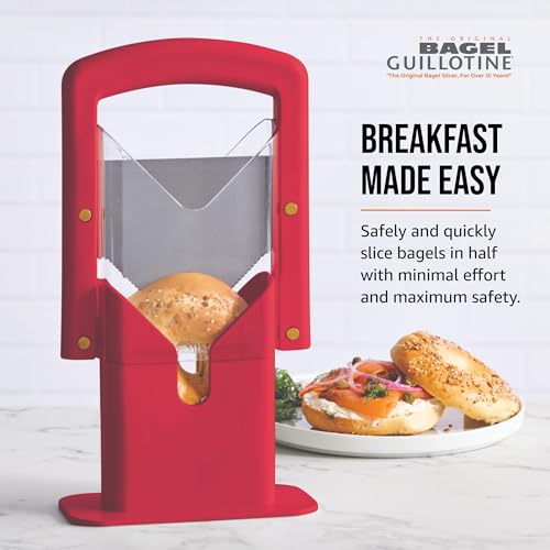 Hoan Bagel Guillotine Universal Slicer with Built-in Finger Safety Shield, Perfect for Bagels, Buns, and Muffins, Nonstick Blade, 9.25 Inch, Red