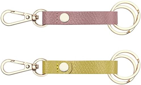 wisdompro 2 Pack Genuine Leather Keychain, Heavy Duty Key Chain with Belt Loop Clip and 2 Keyrings for Keys - Pink and Yellow-green