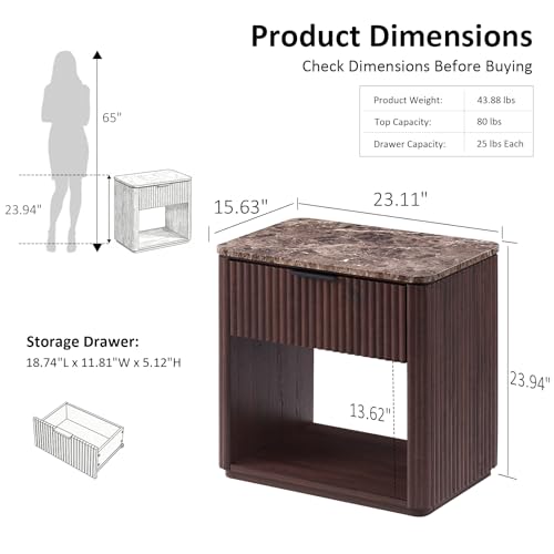 Image of Fluted Nightstand Set of 2, 23 inch W Night Stand with Drawer, Wood Bed Side Table with Faux Marble-Top, Curved Corner, Metal Handle, Modern Bedside Table for Bedroom, Living Room, Office, Dark Oak