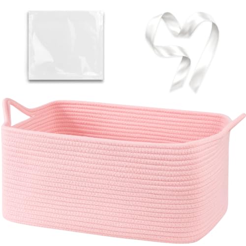 Image of OIASKET Large Empty Cotton Rope Gift Basket with Handles, 18.9 inchx13.8 inchx7.8 inch Decorative Woven Storage Basket with Gift Bag and Ribbon Set for Baby Shower, Toy Organizer for Kids, Dogs & Cats - Pink