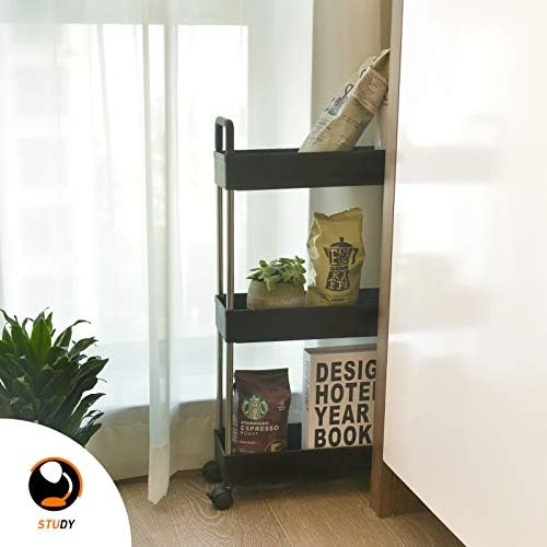 Ronlap 3 Tier Storage Trolley, Narrow Mobile Shelving Unit with Handle Hook Lock Wheels, Thin Rolling Utility Cart Slide Out Skinny Storage Organizer Tower for Kitchen Bathroom Laundry Room, Black