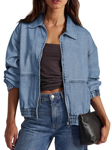 Glamaker Womens Oversized Jean Jacket Casual Turn Down Zip Up Long Sleeve Denim Jacket with Pockets Trendy Outfits Overcoat (Blue L)