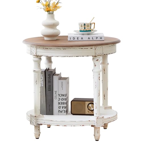 BERRYMERRY 23.6" French Country Two Tone Round End Table,Chipped White
