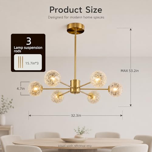 Image of Modern Gold Sputnik Chandelier,6-Light Clear Glass Globe Chandelier, Mid Century Pendant Light Fixture for Dining Room Kitchen Island Living Room Bedroom Entryway