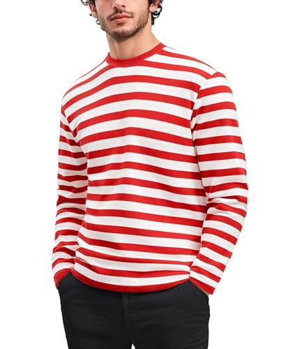 RGJU Striped Shirts for Men Long Sleeve(White&red XL)