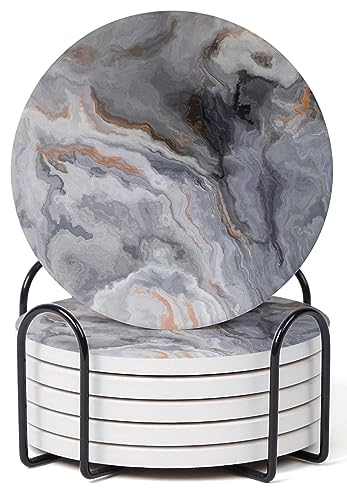 Image of Set of 6 Abstract Dark Blue Marble Coasters with Holder, Absorbent Ceramic Coasters for Drinks, Coasters with Cork Backing for Table Protection, Housewarming Gifts for New Home