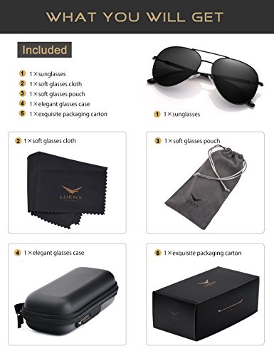 LUENX Aviator Sunglasses Mens Women Polarized Black Lens Black Metal Frame Dark 60mm with Case - UV400