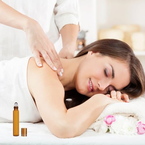 SONEER Roll on Glasflaschen für Ätherisches Öl, Roll on Flasche Leer 10 ml mit Edelstahl-Ball, Rollon Flaschen mit Öffner, Tropfer, Strohhalm, Etiketten für Aromatherapie Massage (Braune, 6 Stück)