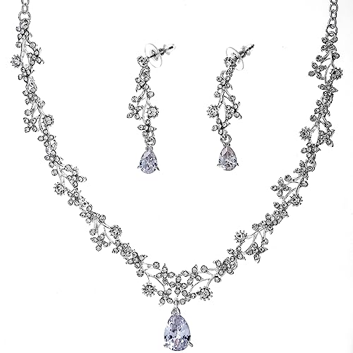 Crsiller Juego de joyas formales de plata para boda, collar de lágrima de circonita cúbica y aretes, juego de joyas para novia, dama de honor y mujer, Plata, Circonita cúbica
