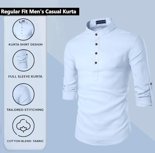 Image of Zombom Men's Cotton Blend Solid Casual Regular Fit Mandarin /Chinese Collor Short Full Sleeve Kurta for Men