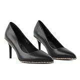 LingxiaUne Women's Black Beaded Pumps Pointed Toe Stiletto Heels Elegant Gold Studs Decorated High Heel Dress Shoes for Office & Formal Occasions Size 8.5