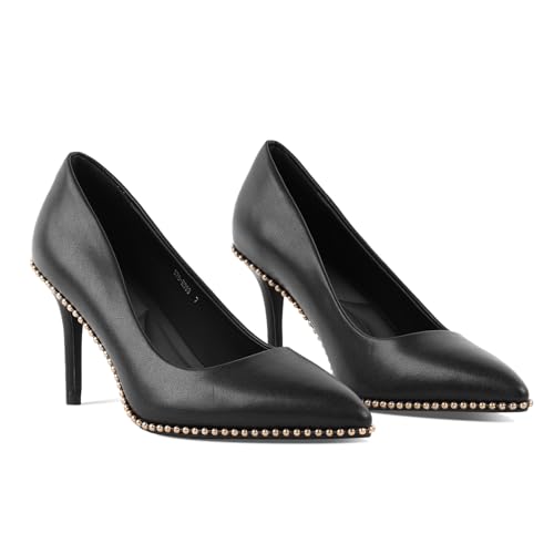 LingxiaUne Women's Black Beaded Pumps Pointed Toe Stiletto Heels...