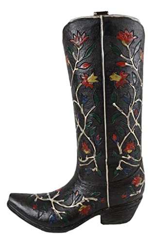 Ebros Gift Rustic Western Black Tooled Leather Cowboy Cowgirl Boot With Floral Red Rose Vines Decorative Figurine Or Floral Vase Planter Table Shelf Countertop Accent #TOP1