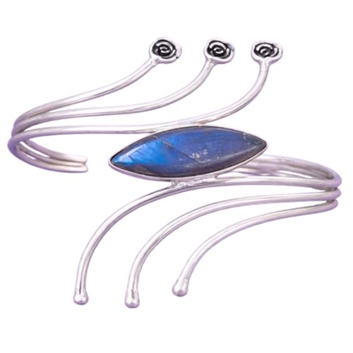 BohoSilverCraft Labradorite Marquise Bangle Bracelet, Rose Design Sterling Silver Cuff, Handmade Floral Gemstone Bracelet for Women, Adjustable Boho Vintage Jewelry Gift