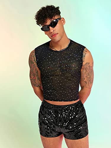 WDIRARA Men's 2 Piece Outfit Rhinestone Sequin Lace Mesh Crop Tank Top and Shorts Set3