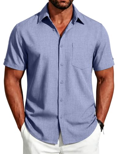 Image of COOFANDY Men's Button Down Shirts Short Sleeve Casual Shirts Summer Beach Linen Shirts with Pocket