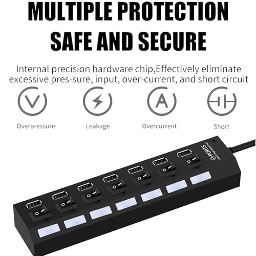 Image of BETSU 7-Port USB 2.0 Hub with Individual Power Switches and LED Indicators, USB Splitter for Laptop, PC, Keyboard, Mouse, Mobile HDD and Flash Drive (Black)