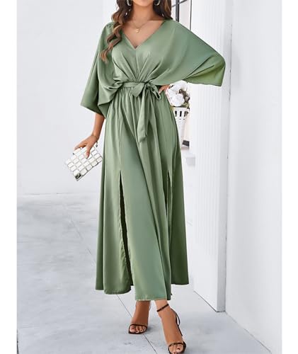 Image of SEMATOMALA Women's Satin Batwing Sleeve Cocktail Evening A Line Long Dress V Neck Ruched Loose Maxi Dress