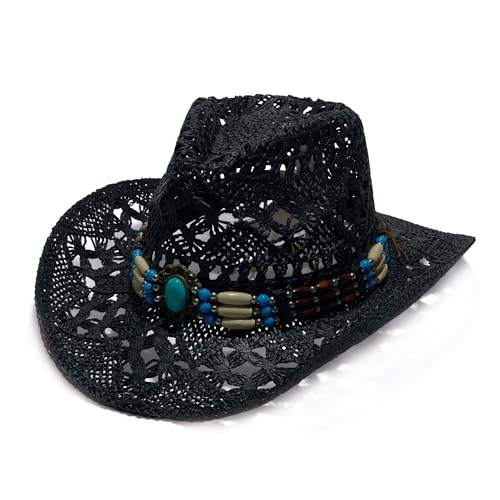 Image of YOUBADU Western Straw Cowboy and Cowgirl Hats with Decorative Bands - Unisex Wide Brim Raffia Style Sun Hat