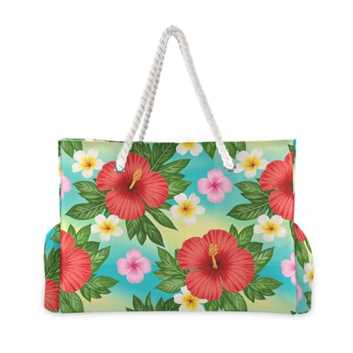Summer Plumeria Hibiscus Flower Portable travel beach bag with zipper large tote bags for women Good for Travel Pool Swim Beach Vacation Necessities2