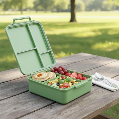 Image of Bento Mega Lunch Box with Carrying Handle 4 No-Mix Compartments | Microwave & Dishwasher Safe | for Adult, Preschool, School 1600ML /54 OZ (Green Leaves)