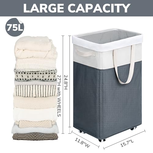 Image of Goodpick Laundry Basket with Wheels, 75L Laundry Hamper for Dirty Clothes, College Dorm Essentials, Clothes Hamper for Livng Room, Grey&White