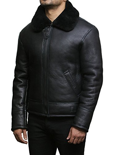 Brandslock Mens Real Shearling Sheepskin Leather Flying Aviator Bomber Jacket4