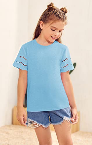 Geckatte Kids Girls' T-Shirts Short Sleeve Crewneck Cutout Summer Casual Solid Basic Tee Shirts Tops 5-14 Years Light Blue #TOP2