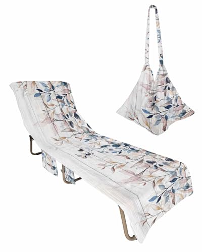 Blue Brown Eucalyptus Leaves Beach Lounge Chair Towel Cover, Soft Chaise Lounge Towel with Side Pockets Patio Pool Chairs Cover for Beach/Pool Sunbathing 29x85 Vintage Pastoral Botanical