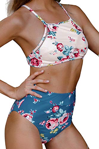 CUPSHE Women's Leaves Printing High Waisted Bikini Set Tankini Swimwear (Medium, Rose)