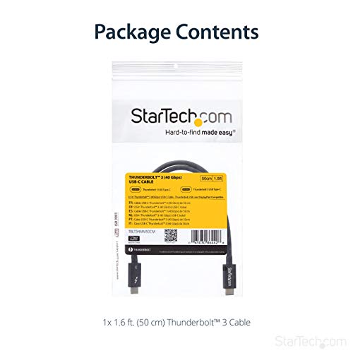 Startech.com 40Gbps Thunderbolt 3 Cable - 1.6Ft/0.5M - Black - 5K 60Hz/4K 60Hz - Certified Tb3 Usb-C Charger Cord W/ 100W Power Delivery (Tblt34Mm50Cm) #TOP5