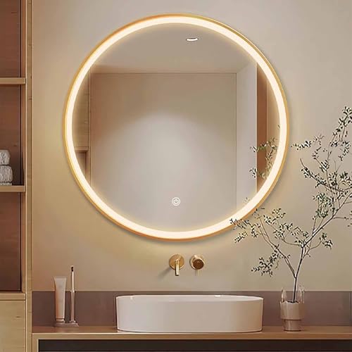 Decmiroor 90CM Espejo Redondo de Pared con LED Luz, Regulable Iluminado Espejos de Maquillaje 80CM, 3 Colores, Antivaho, Marco de Aleación de Aluminio, Negro(Gold,20"/50cm)