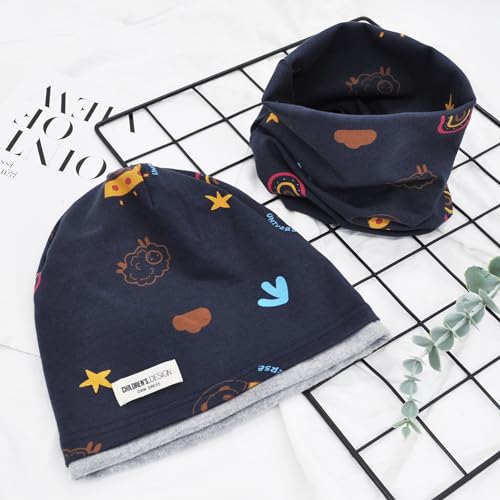 beifon Kinder Beanie Mütze & Loop Schal Set, 95% Baumwolle Mütze Schal Set Mädchen Jungen 2-8 Jahren, Schlauchschal Warme Wintermütze Strickmützen für Herbst Winter Frühling