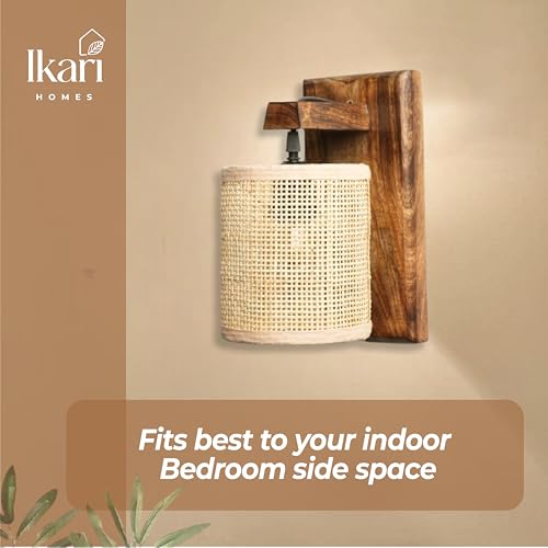 Image of Ikari Homes Rustic Wooden Wall Lamp I Cylindrical Raffia Shade I Vintage Wall Lamp I Boho Rattan Wall lamp for Bedroom /Balcony /Living Room /Outdoor /Entrance - Size 10 x 5 in (Rattan Square Mesh)