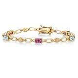 Gem Stone King 18K Yellow Gold Plated Silver Pink Mystic Topaz and Sky Blue Topaz and Round White Lab Grown Diamond Tennis Bracelet For Women (3.04 Cttw, Gemstone Birthstone, Oval 6X4MM, 7.25 Inches)