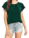 TASAMO Women's Casual Round Neck Basic Pleated Top Ruffle Sleeve Curved Keyhole Back Blouse (Large, Dark Green)