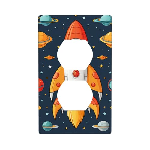 Rocket Clipart Space Ship Duplex Wall Plate 1-Gang Light Switch Cover Electrical Outlet Covers For Bedroom Kitchen Home Decor 4.5 X 2.76