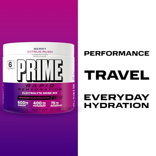 Image of Prime Rapid Rehydration Electrolyte Powder, Berry Citrus Rush, Sugar Free Hydration Drink Mix with Sodium, Potassium, Magnesium & B Vitamins to Replenish Fluids, Caffeine Free, 6 Gallon Tub, 48 SRV